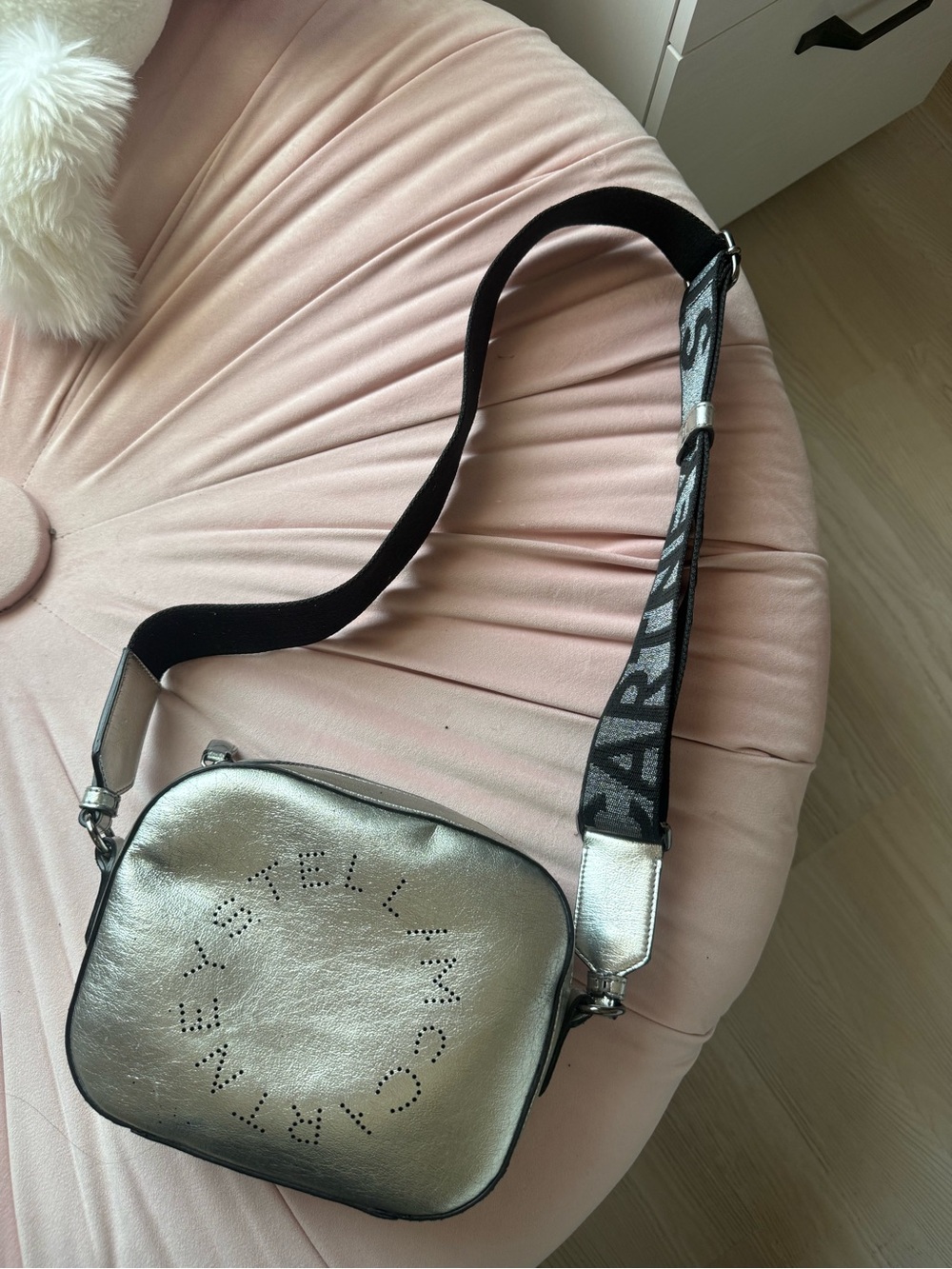 Metallic Silver Crossbody Bag with Logo-Pattern Strap